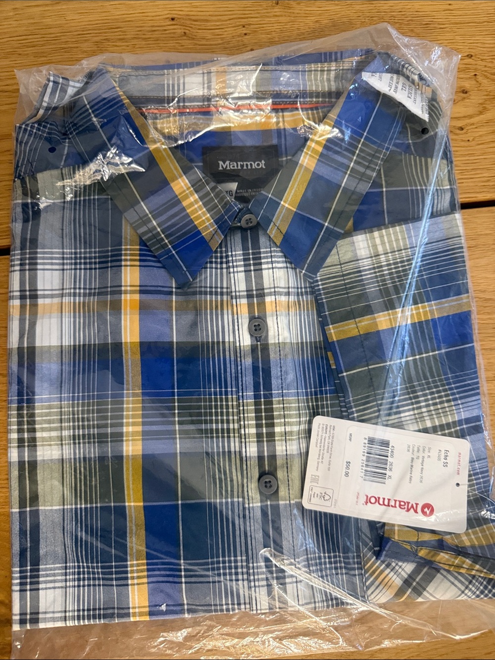 Marmot Men’s Blue and Yellow Plaid Button-Down Shirt